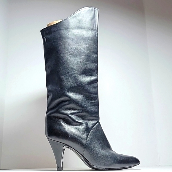 Mister Shoes Markon Footwear Heeled Boots Black Leather Calf Length Pull-On 6.5M - Picture 3 of 14